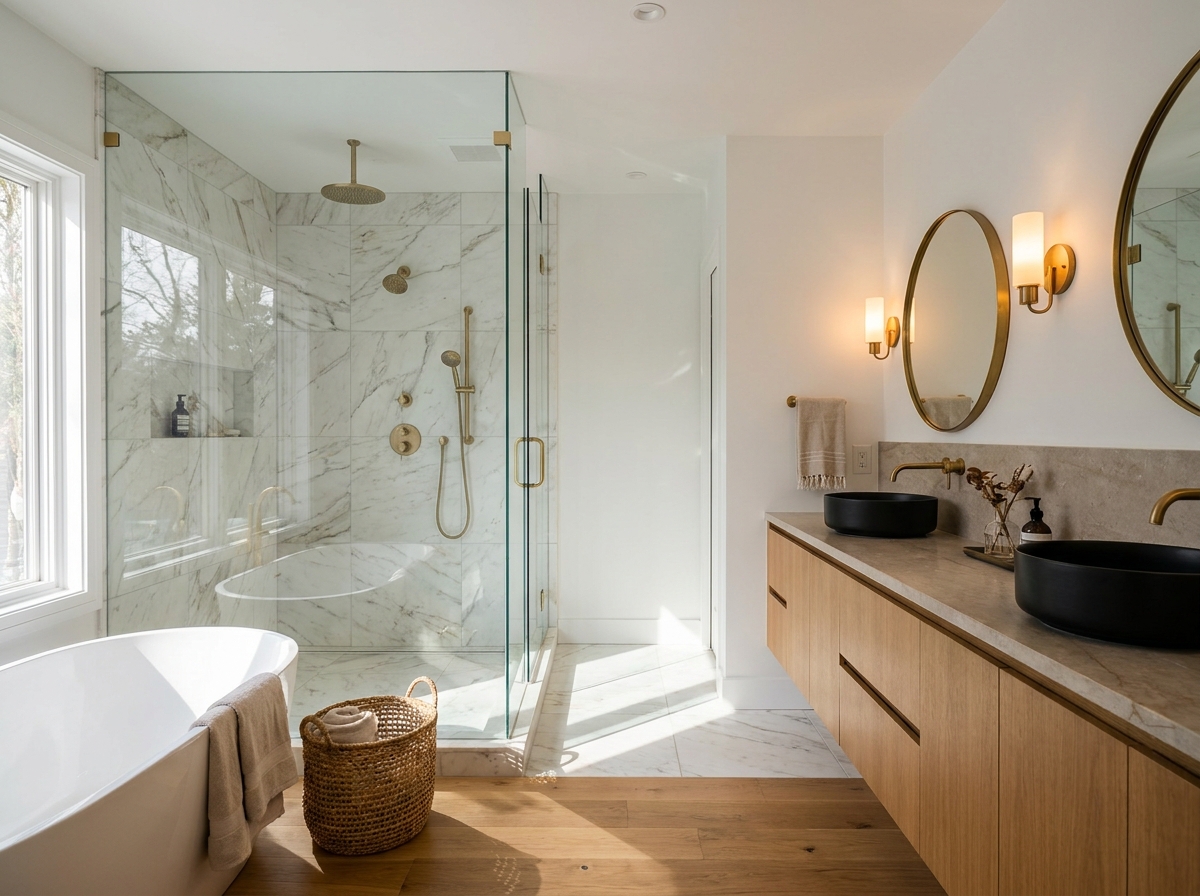 Spa bathroom, marble tile, brass fixtures, walk-in shower