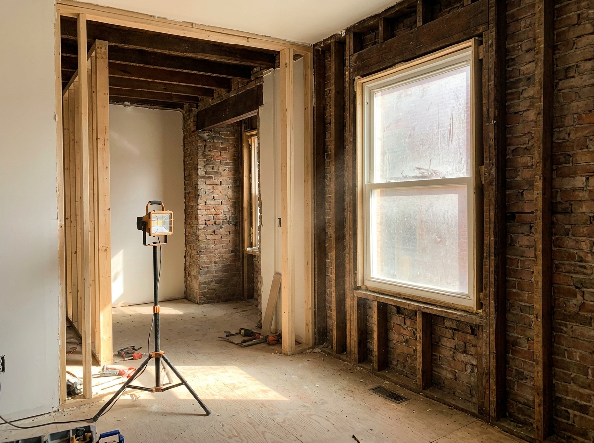 Home mid-gut-renovation, exposed studs and brick
