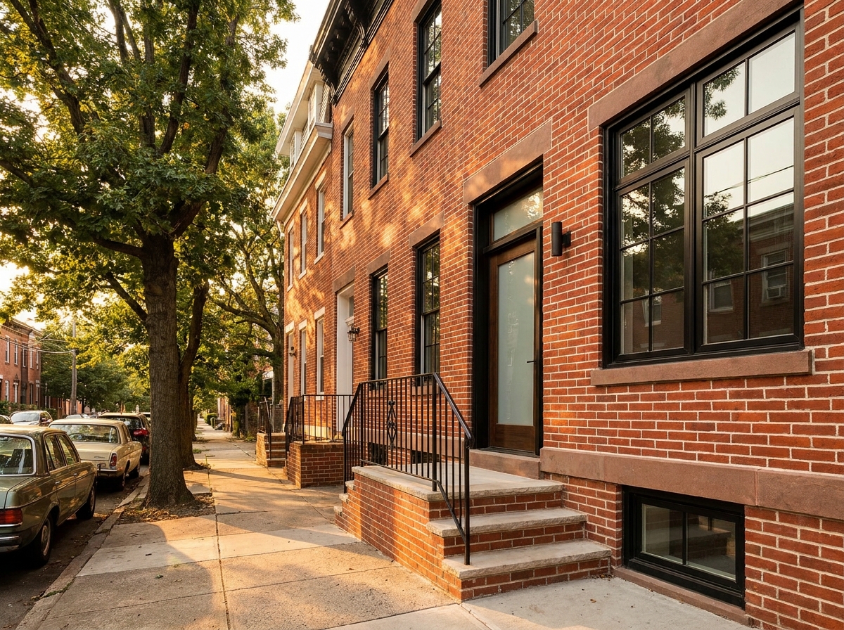 Restored Jersey City brick rowhouse facade