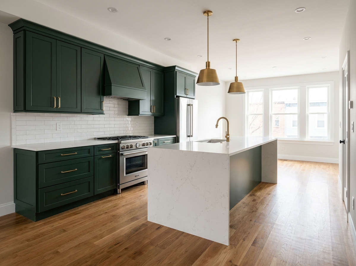 Renovated kitchen, green cabinets, brass hardware, quartz island