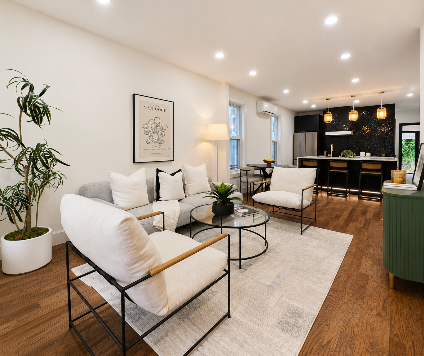 Open-concept living and kitchen, fully gut-renovated home